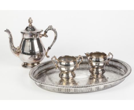 PLAIN EP TEA SERVICE OF 3 PIECES, and an ENGRAVED OVAL GALLERY TRAY; an engraved EP TEAPOT and  COFFEE POT, a chased serpenti