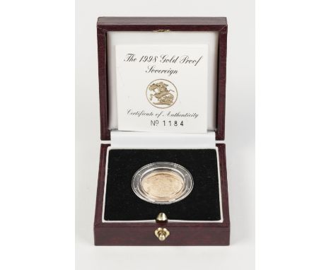 ELIZABETH II GOLD PROOF SOVEREIGN 1998, with certificate of authenticity No. 1184, in morocco case 