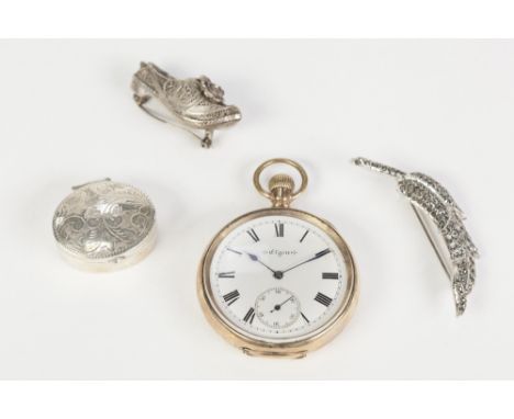 FILIGREE SILVER SHOE BROOCH; a Marcasite leaf BROOCH; STERLING SILVER ENGRAVED OVAL PATCH BOX, with import hallmark, London 1