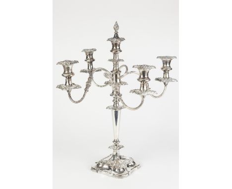 LARGE NINETEENTH CENTURY STYLE TWO PART ELECTROPLATE FIVE LIGHT CANDELABRUM, the four reeded reflex scroll branches with camp