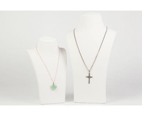 PALE GREEN JADE HEART SHAPED PENDANT WITH 14k HANGER, on a gold plated fine chain necklace and a CONTINENTAL SILVER COLOURED 
