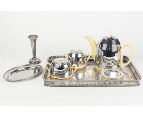 'EVERHOT' STYLE POTTERY TEA SET OF 3 PIECES, with plated metal removable covers, AN EP OBLONG GALLERY TRAY; SET OF 12 ENGRAVE