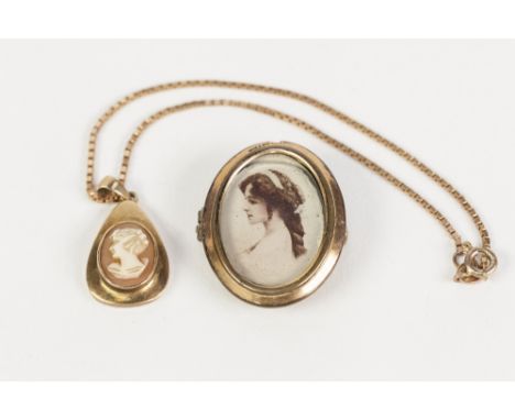 9ct GOLD BOX LINK FINE CHAIN NECKLACE, 1.7gms and a 9ct gold TEAR SHAPED PENDANT, set with a small oval carved shell cameo, 1
