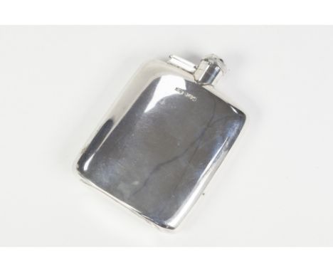JAMES DIXON AND SONS PLAIN SILVER HIP FLASK, oblong and hollowed with hinged bayonet type screw top, the body 4 1/4" (10.8cm)