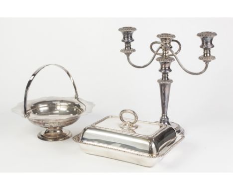 BARKER ELLIS OBLONG ENTREE DISH and cover with removable ring handle, gadroon borders; AN EP CIRCULAR PEDESTAL CAKE BASKET wi