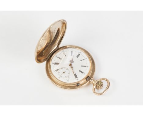 14ct GOLD HUNTER POCKET WATCH, with keyless movement, white Roman dial with subsidiary seconds dial, engine turned four part 