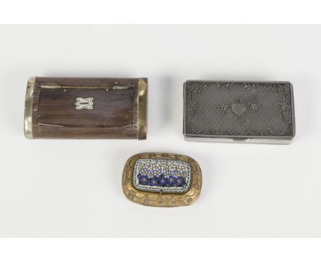 NINETEENTH CENTURY PROBABLY CONTINENTAL ENGINE TURNED PEWTER OBLONG SNUFF BOX, the hinged top with embossed rococo border and