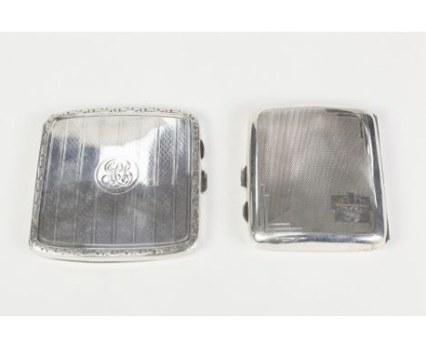 TWO ENGINE TURNED SILVER POCKET CIGARETTE CASES, one with slender floral engraved border, Birmingham 1905, the other Birmingh