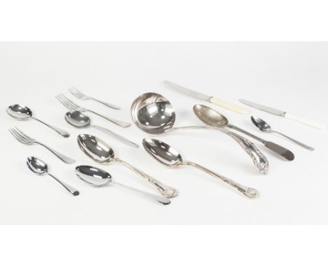 BUTLER, ENGLAND, ELECTROPLATE LARGE SOUP LADLE, PAIR OF EP SERVING SPOONS, part table service of 'Firth Staybrite Don' CUTLER
