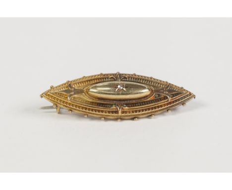VICTORIAN 15ct GOLD EMBOSSED LOZENGE SHAPED BROOCH, set with tiny diamonds and having a glazed hair locket back, 2" wide, Bir
