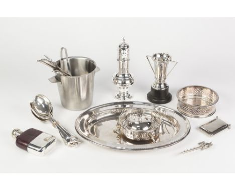 SMALL SELECTION OF ELECTROPLATED WARES, to include; large Georgian style sugar shaker, leather clad hip flask with plated cup