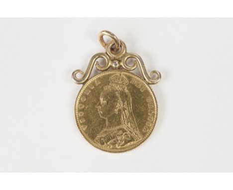 VICTORIAN GOLD HALF SOVEREIGN, 1887, date split, high shield, J.E.B. verso with soldered mount as pendant 