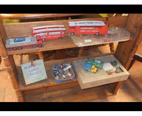 An old Subbuteo table cricket set together with Dinky car transporter etc