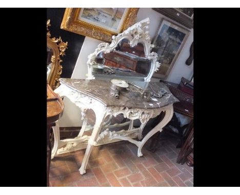 A decorative marble top console table with mirror above - width 130cms, height 220cmsCONDITION REPORTGood condition