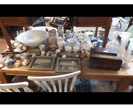 An old tea caddy, paintings, together with other ceramic ware and collectables