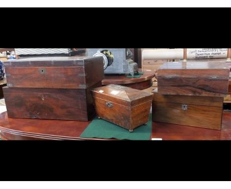 Various old boxes, tea caddy