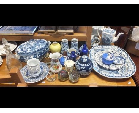 A selection of collectable ceramic ware including blue and white meat plates, decanter