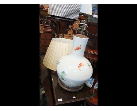 A large Oriental ceramic table lamp on wooden stand - height 70cmsCONDITION REPORTAs per images