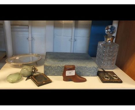 Various collectables including wooden shoe, silver mounted decanter etc