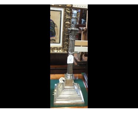 A large silver table lamp in classical Corinthian column form - 52cms high, Sheffield 1913