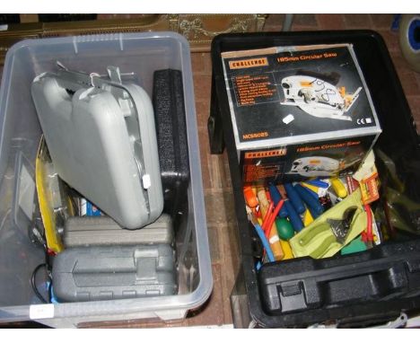 Two plastic boxes of assorted tools including pipe bending