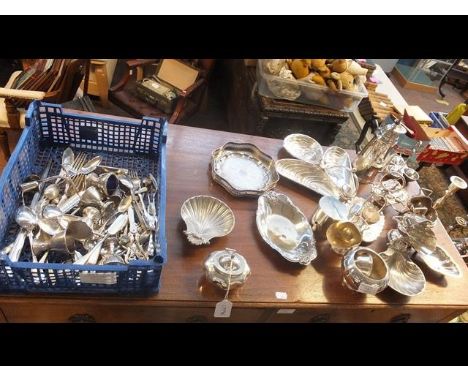 A silver tea caddy together with plated ware