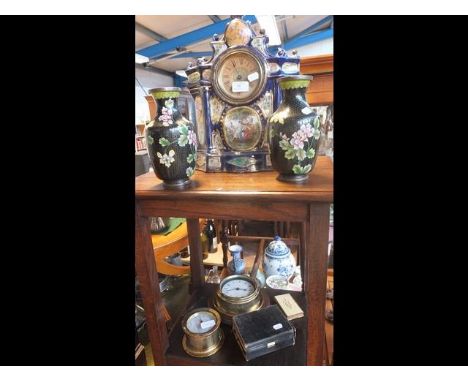 A ceramic mantel clock, Cloisonné vases together with wall clock, barometer etc