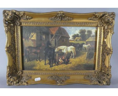 A Gilt Framed Textured Print Depicting 19th Farmyard Scene with Horses and Poultry, 43cm Wide 
