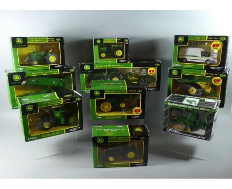 A Collection of Ten Boxed 1:32 Scale ERTL Britains John Deere Tractors and Trailers including 5639 Square Baler, 15309 7720 W
