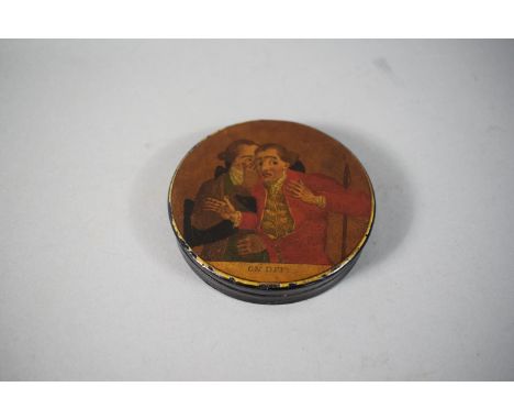 An Early 19th Circular Papier Mache Snuff Box with Transfer Decoration of Georgian Gent Whispering to Another and Titled 'On 