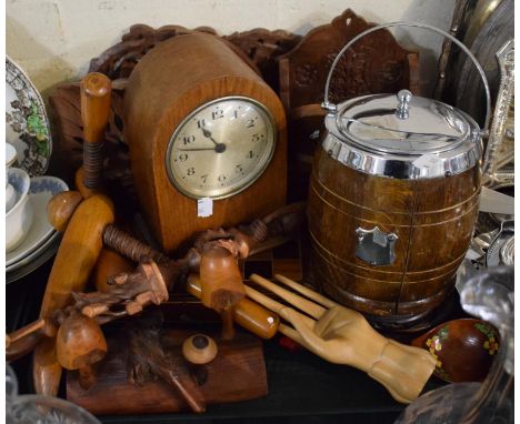 A Tray of Treenware to Include Thai Carved and Pierced Mask Ornament, Boxed Chess Set, Barrel Ice Bucket, Mantle Clock etc 