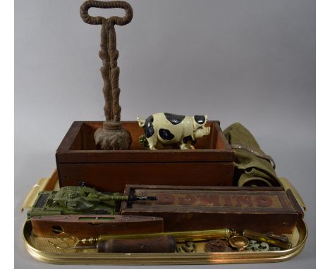 A Tray of Curios to Include Vintage Dominoes, Brass Mounted Spirit Level, Three Drawer Toast Rack, Door Stops etc 