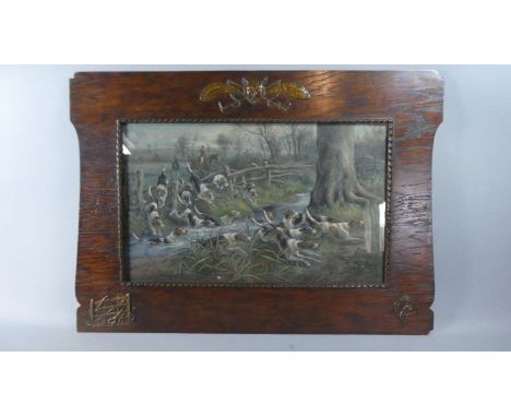 An Early 20th Century Oak Framed Sporting Print After Arthur A Davis, The Frame Decorated in Relief with Fox Mask, Crops, Fox