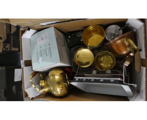 A Box Containing Various Copper and Brassware, Vintage Box Camera etc 