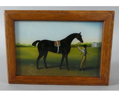 A Reproduction Two Division Playing Card Box Decorated with Racehorse and Groom, 16cm Wide 