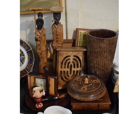 A Tray of Treen to Include Smiths Mantle Clock with Original Box, African Figural Ornament, Brass Mounted Cribbage Board, Woo