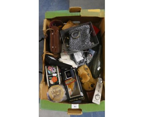 A Box of Curios to Include Costume Jewellery, Vintage Bottle, Vintage Camera, Embroidered Handkerchiefs etc, Koala Bear 