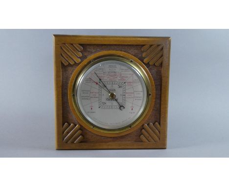 A Mid 20th Century Aneroid Barometer by Short and Mason Set on Square Carved Wooden Plinth, 21.5cm 