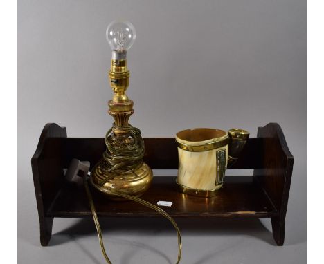 An Edwardian Oak Book Trough Containing Horn and Brass Tankard and a Gilt Small Table Lamp 