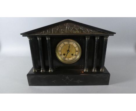 A Late 19th Century Black Slate Mantle Clock of Architectural Form, 39.5cm Wide 