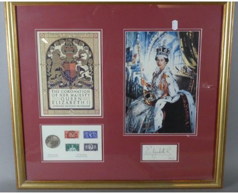 A Gilt Framed Limited Edition Commemorative Display Picture Containing The Coronation of Her Majesty Queen Elizabeth II Appro