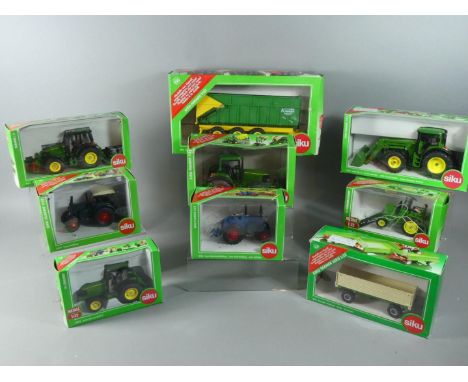 A Collection of 9 Boxed 1:32 Scale SIKU Tractors, Five John Deere and Four Others 