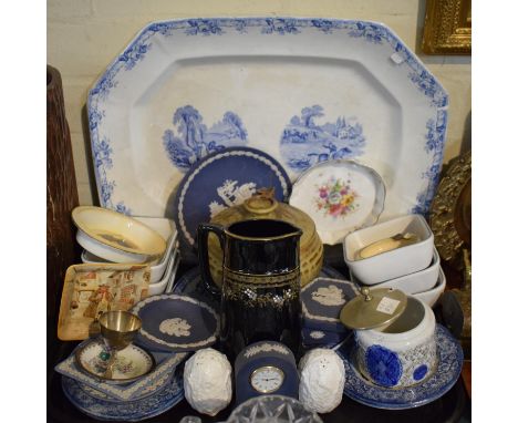 A Tray of Ceramics to Include 19th Century Blue and Meat Plate with Hunting Scene, Blue and White Jasperware Lidded Pot and D