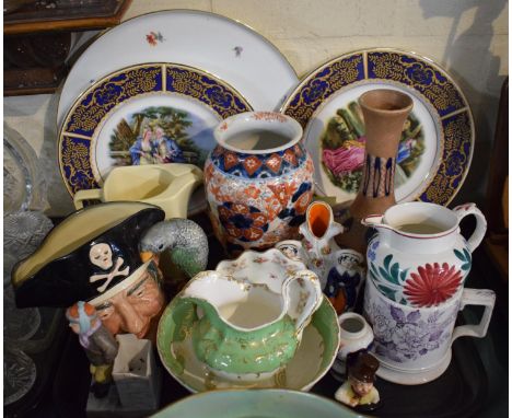 A Tray of Ceramics to Include 19th Century Green, White and Gilt Jug and Bowl, Royal Doulton Long John Silver Character Jug, 