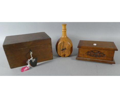 An Oak Work Box, Oak Jewellery Box and a Carved Wooden Flask Formed From a New Zealand Totara Fence Post 1911 