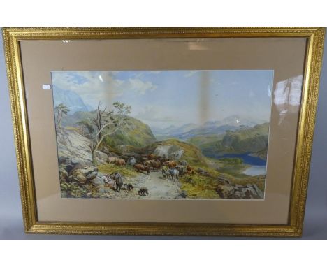 A Gilt Framed Print of Continental Hilled Vista with Cattle and Farmers and River Valley Below 