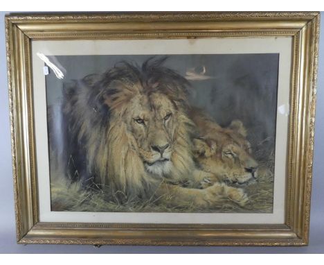 A Large Gilt Framed Pears Print, Lion and Lioness After Sir Edwin Landseer, 67cm Wide 