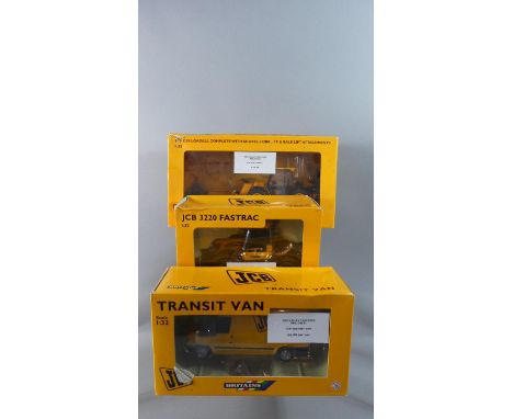 A Collection of Three Boxed 1:32 Scale Britains JCB Items to include 40576 Transit Van, 42019 3220 Fastrac and 42141 5265 Loa