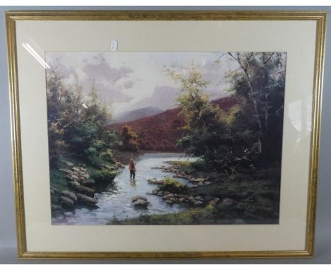 A Gilt Framed Print Depicting Fly Fisherman in Stream, 60cm Wide 