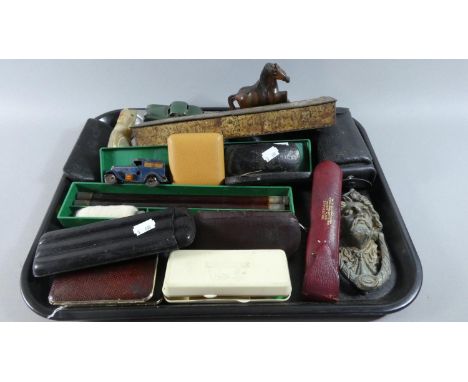 A Collection of Curios to Include Clockwork Minic Transport Van, Gun Cleaning Kit, Cigar Case, Mask Door Knocker, Alarm Case,